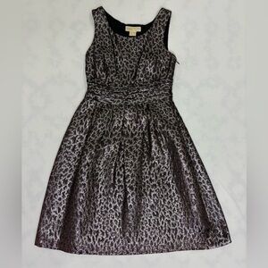 🌻Michael Kors Sheath Dress Womens Sz 2 Brown Silver Metallic Animal Print A-Line